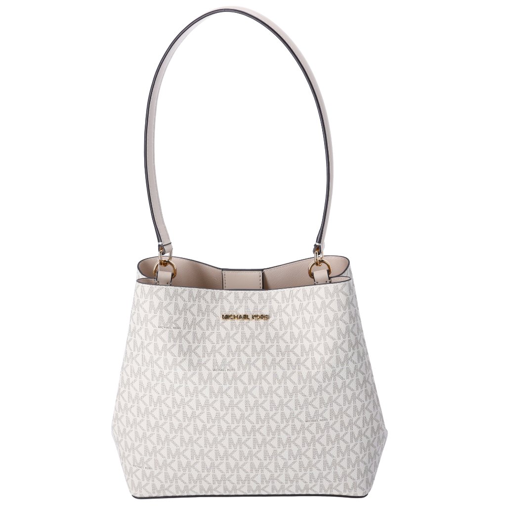 Michael Kors Pratt Medium Shoulder Bucket Bag Signature Logo Light Cream Mk